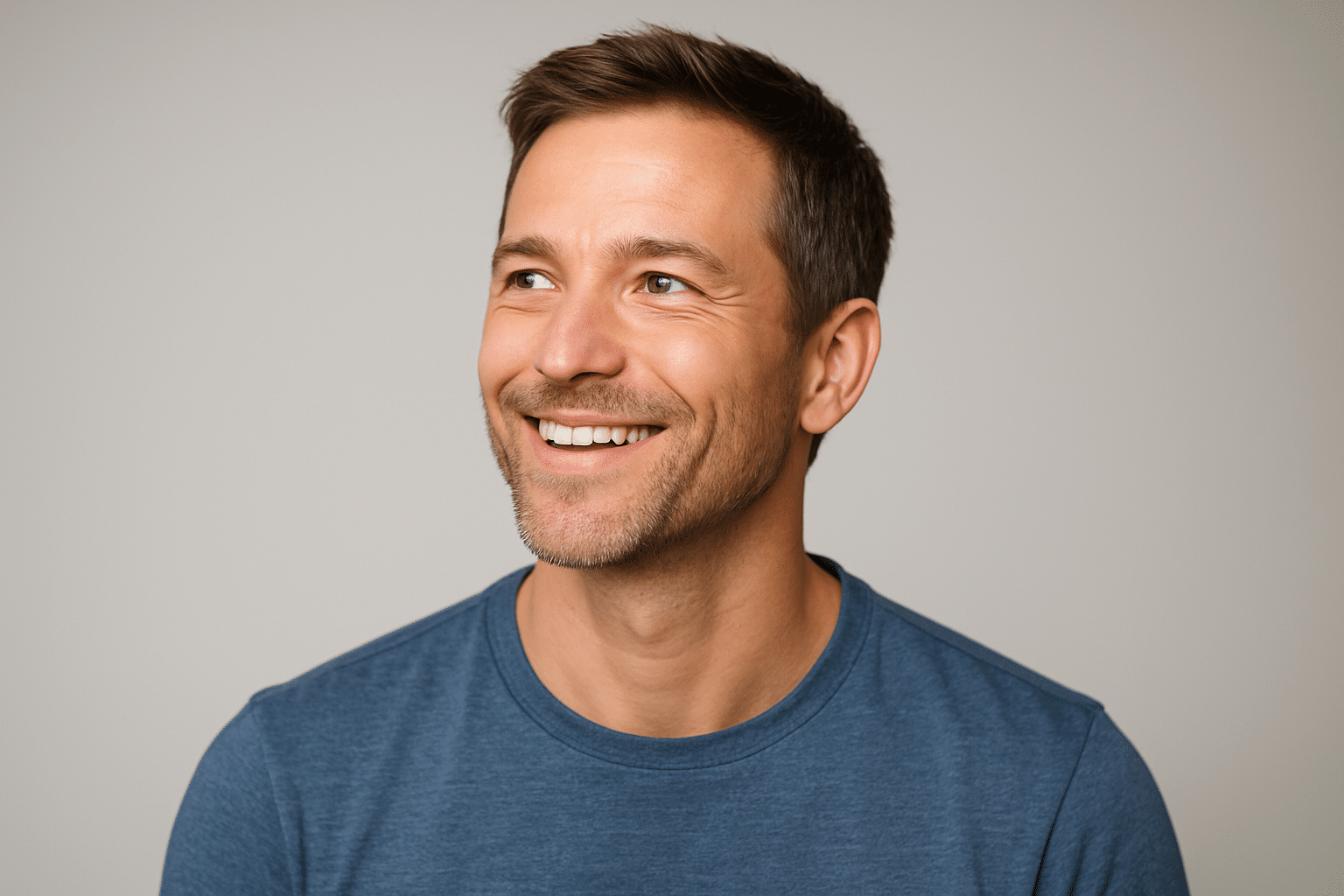 a man in a blue shirt
