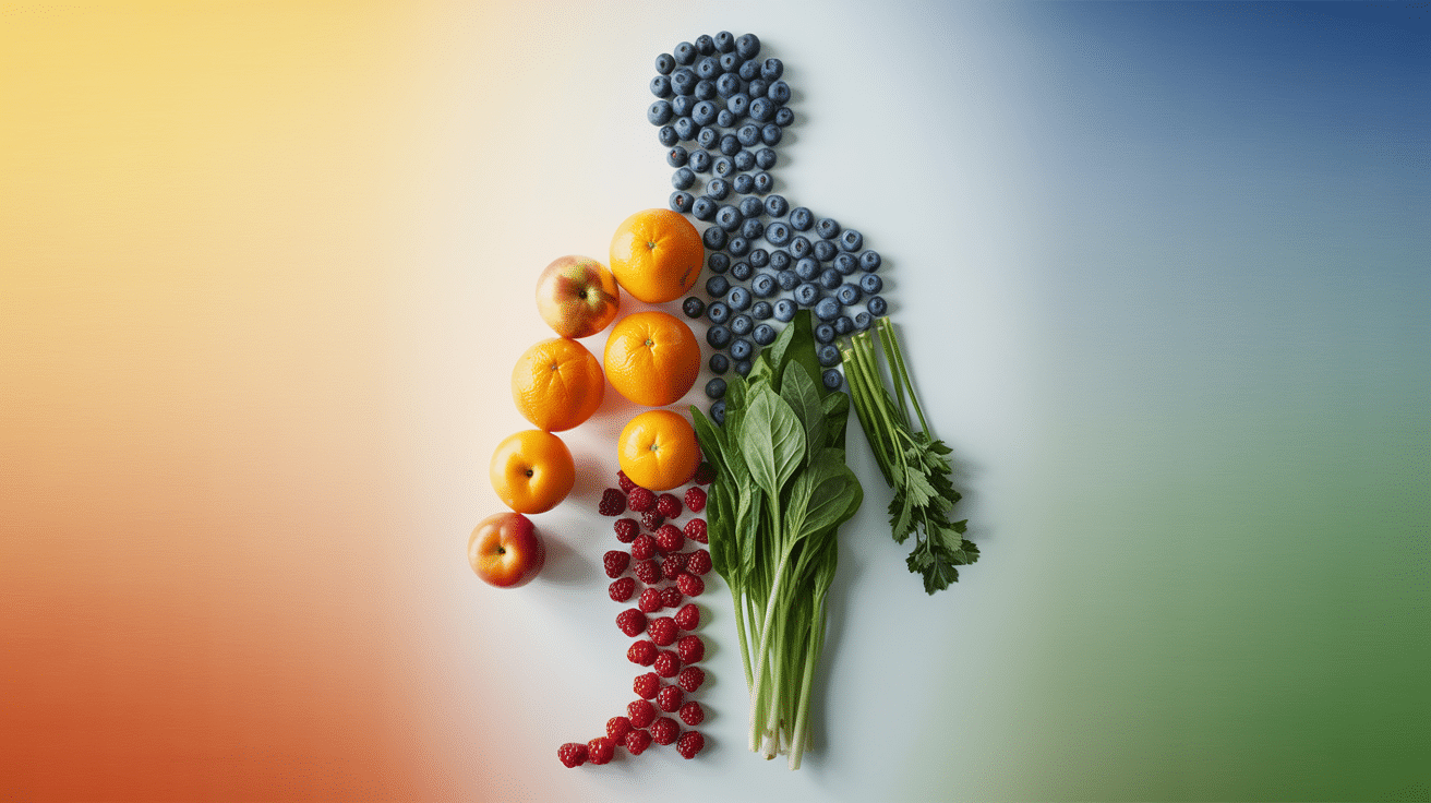 fruits and vegetables arranged in the shape of a person