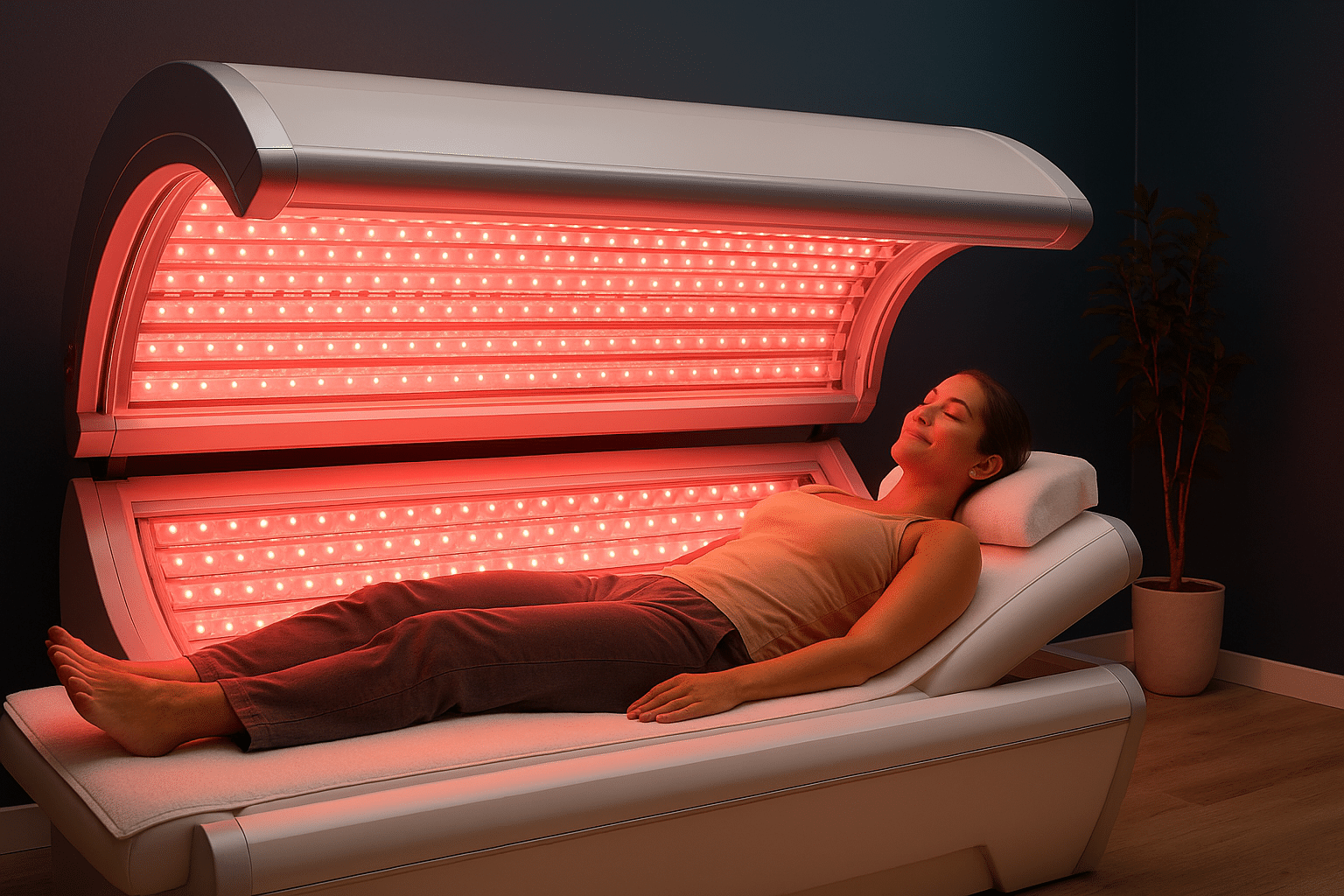 a woman lying in a red light therapy bed