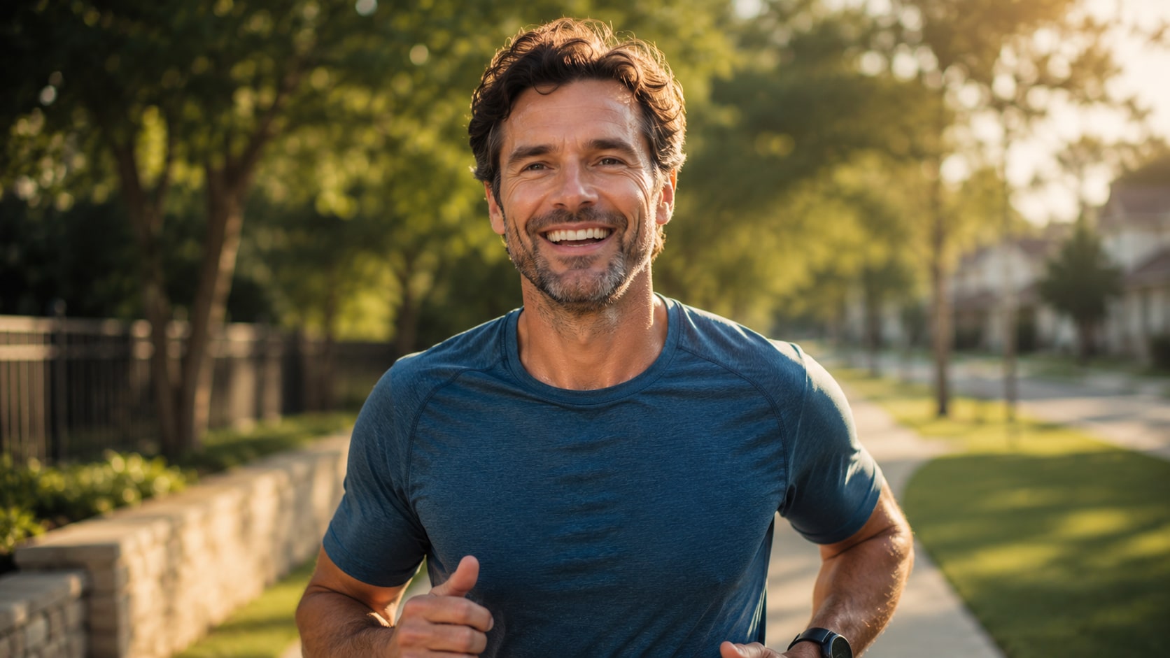 Energized North Dallas professional running on a suburban trail at sunrise after a burnout recovery program at InfusaLounge in Allen, TX